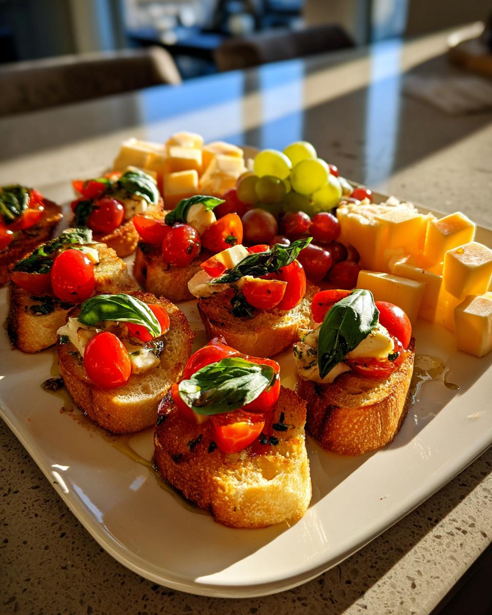 A platter of fresh bruschetta with tomatoes, basil, and mozzarella, served with cheese and grapes, perfect for NYE appetizers.