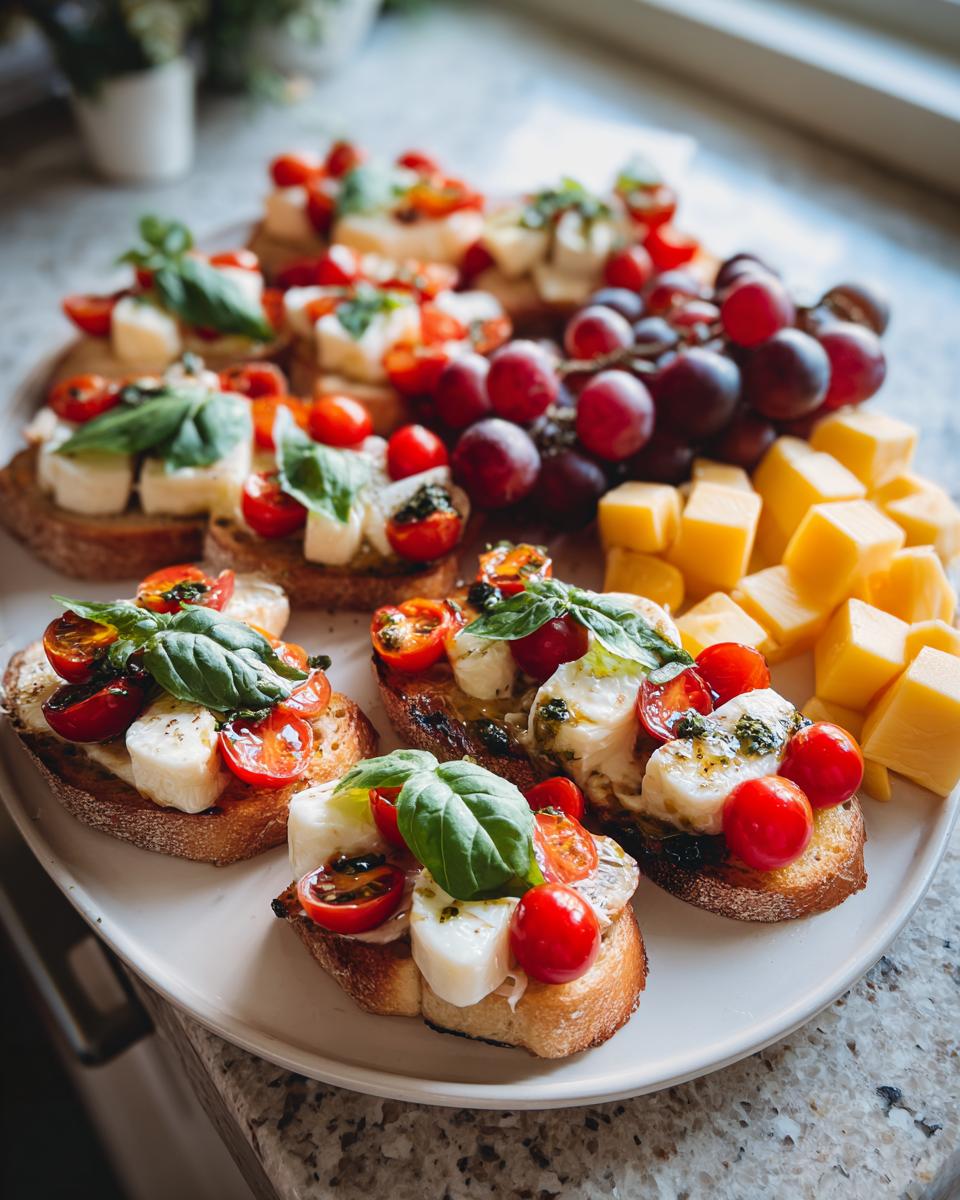 A platter of Caprese bruschetta with fresh mozzarella, cherry tomatoes, and basil, perfect for NYE appetizers.