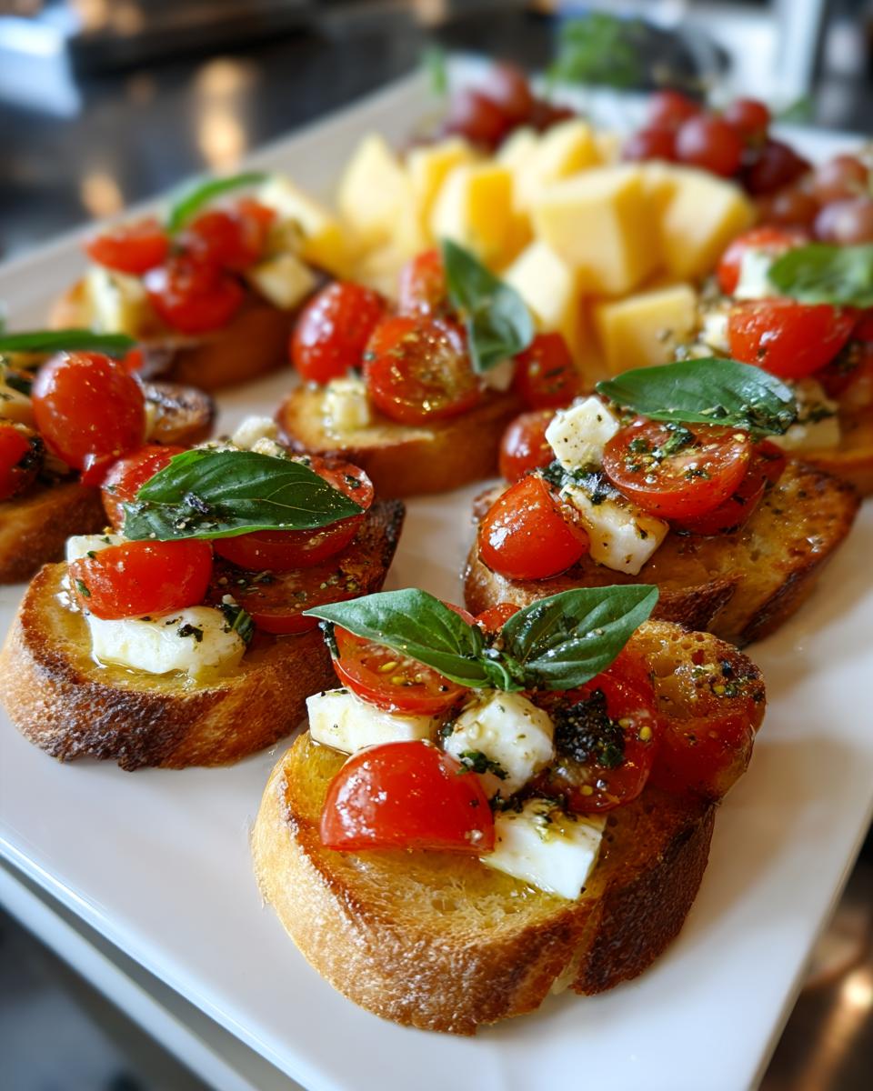 Close-up of fresh tomato and mozzarella crostini, a perfect NYE appetizer, garnished with basil.