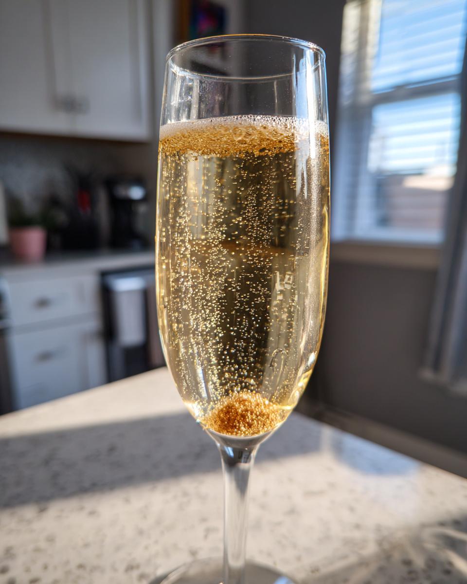 A close-up of a champagne flute filled with a sparkling NYE cocktail, showing bubbles and a golden hue.