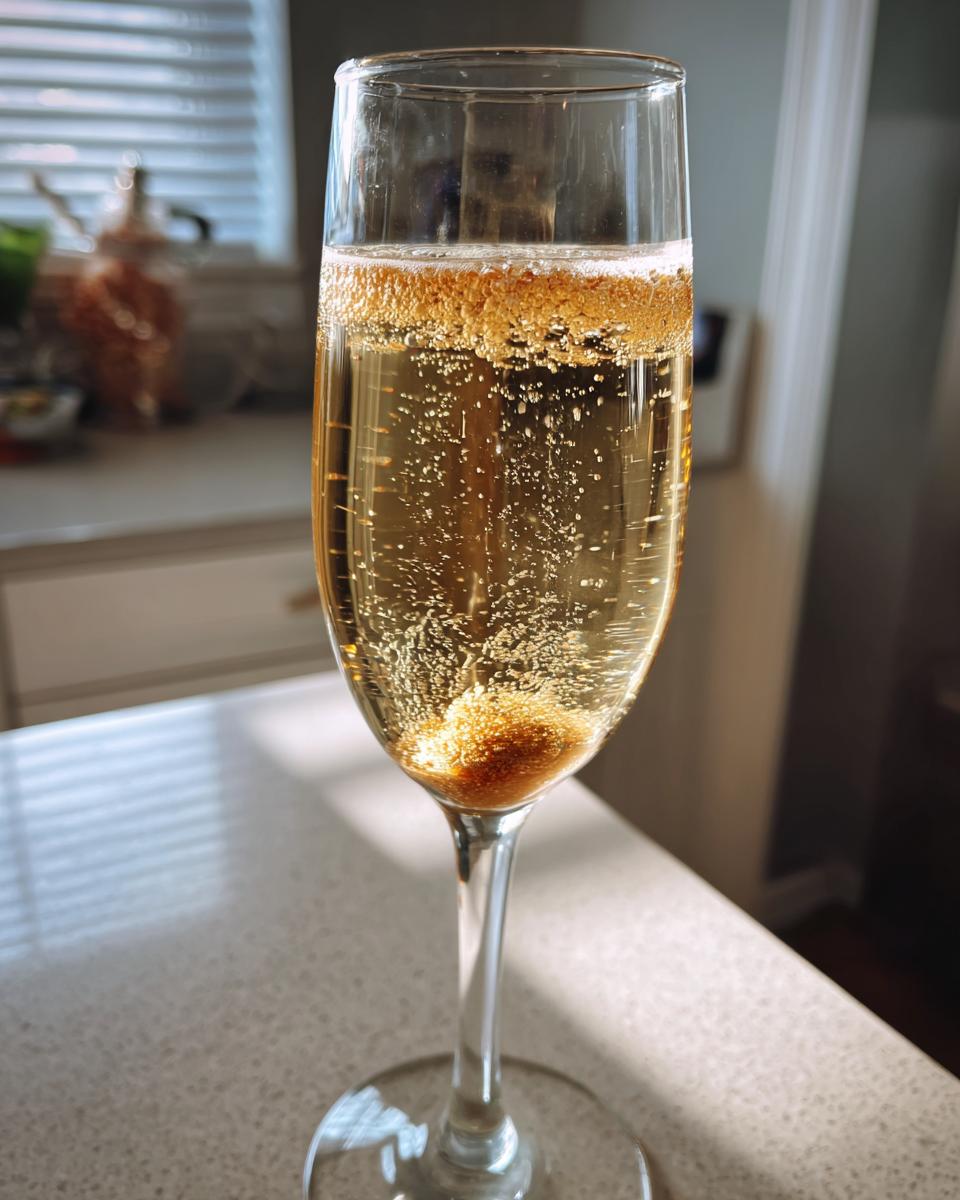 Close-up of a champagne flute filled with a bubbly NYE cocktail, showing effervescence and a hint of sugar at the bottom.