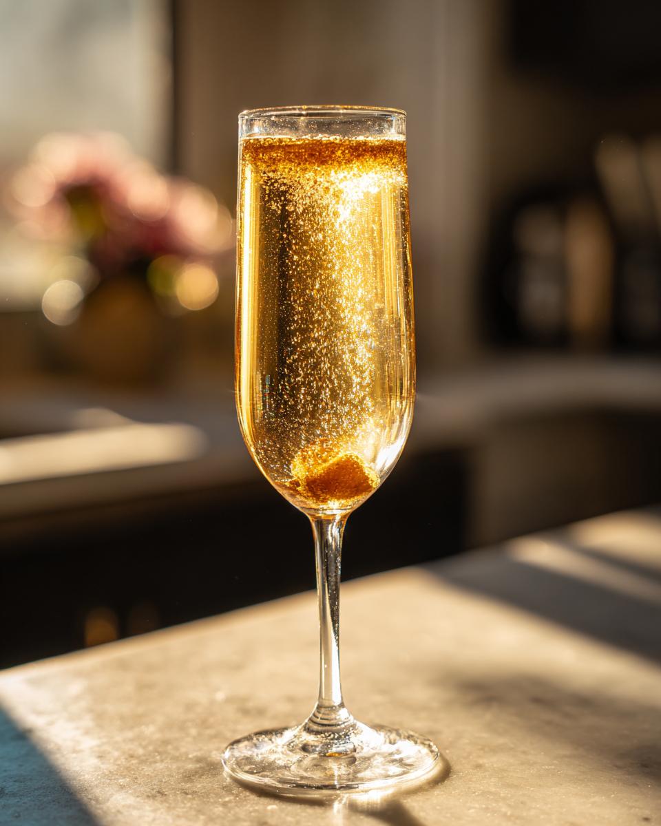 A close-up of a champagne flute filled with a golden NYE cocktail, shimmering with edible glitter.