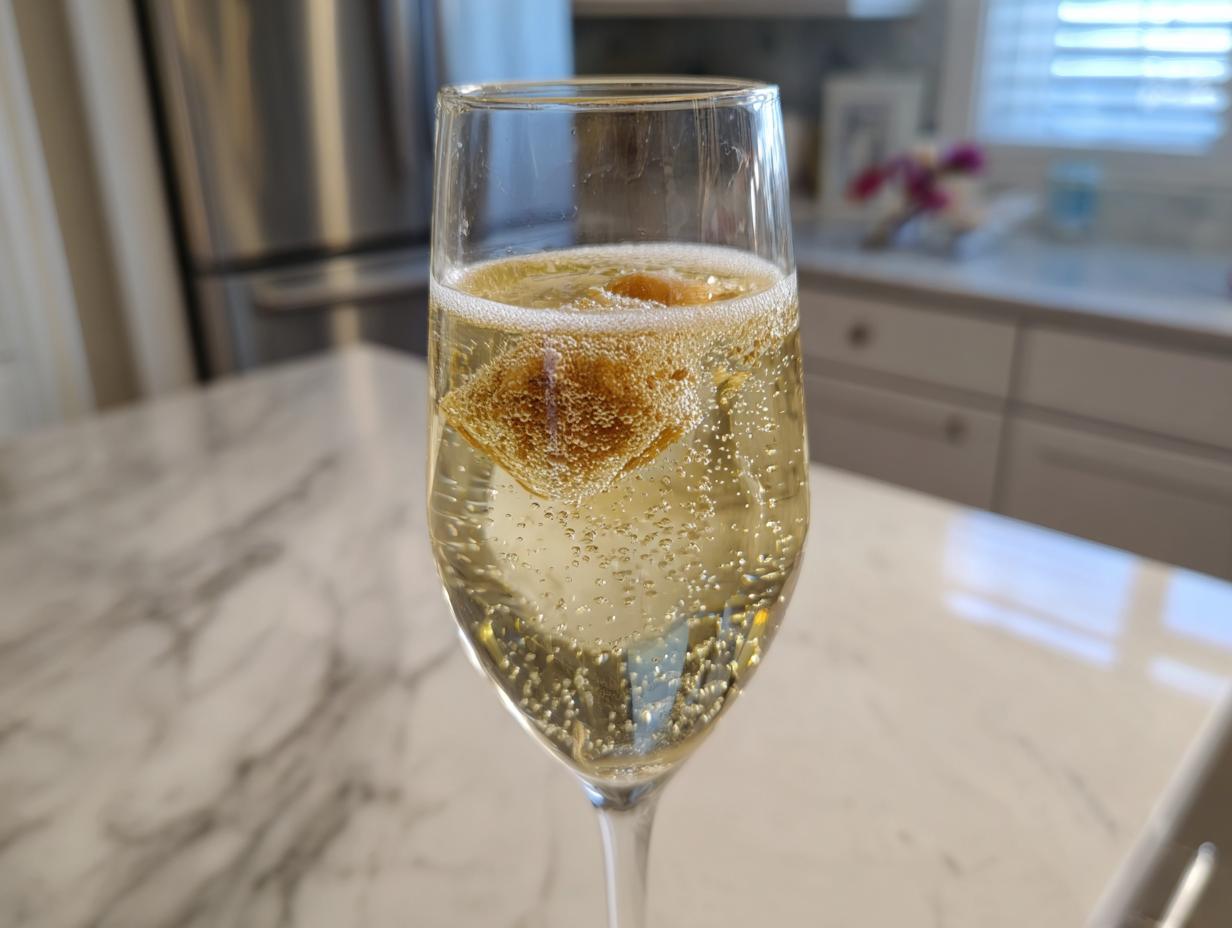 A close-up of a flute filled with a sparkling NYE cocktail, featuring a garnish floating in the bubbly liquid.