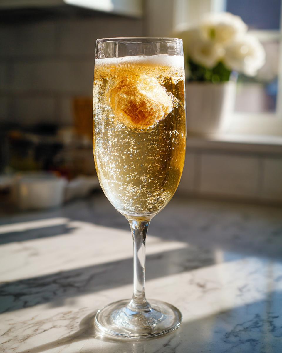 A close-up of a champagne flute filled with a sparkling NYE cocktail, featuring a sugar cube dissolving.