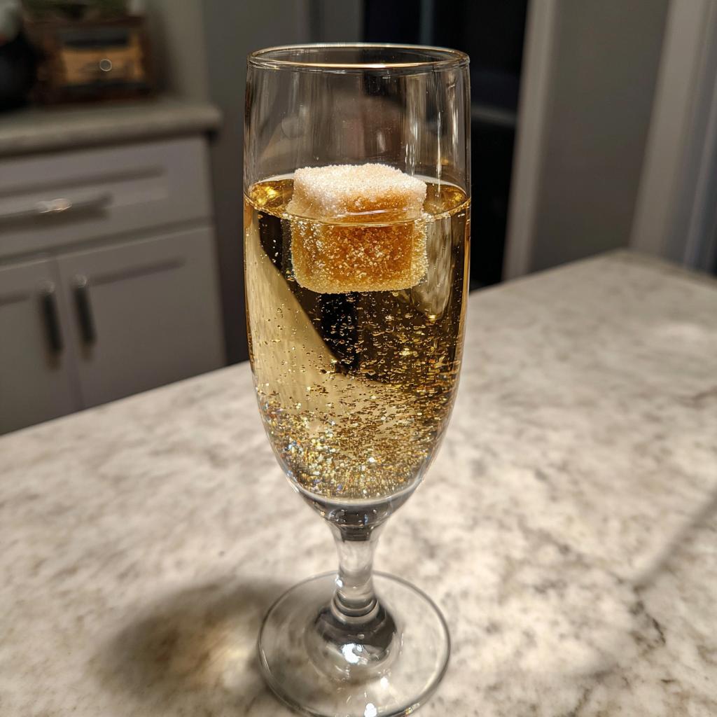 A festive NYE cocktail in a champagne flute, with edible glitter and a sugar cube.