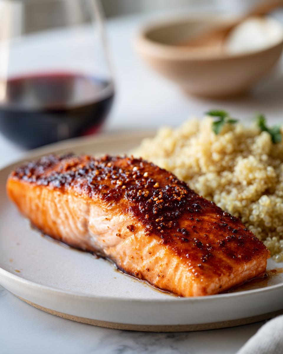 A perfectly cooked salmon fillet glazed with a dark sauce, served with fluffy quinoa and a sprig of parsley, ideal for your NYE dinner.