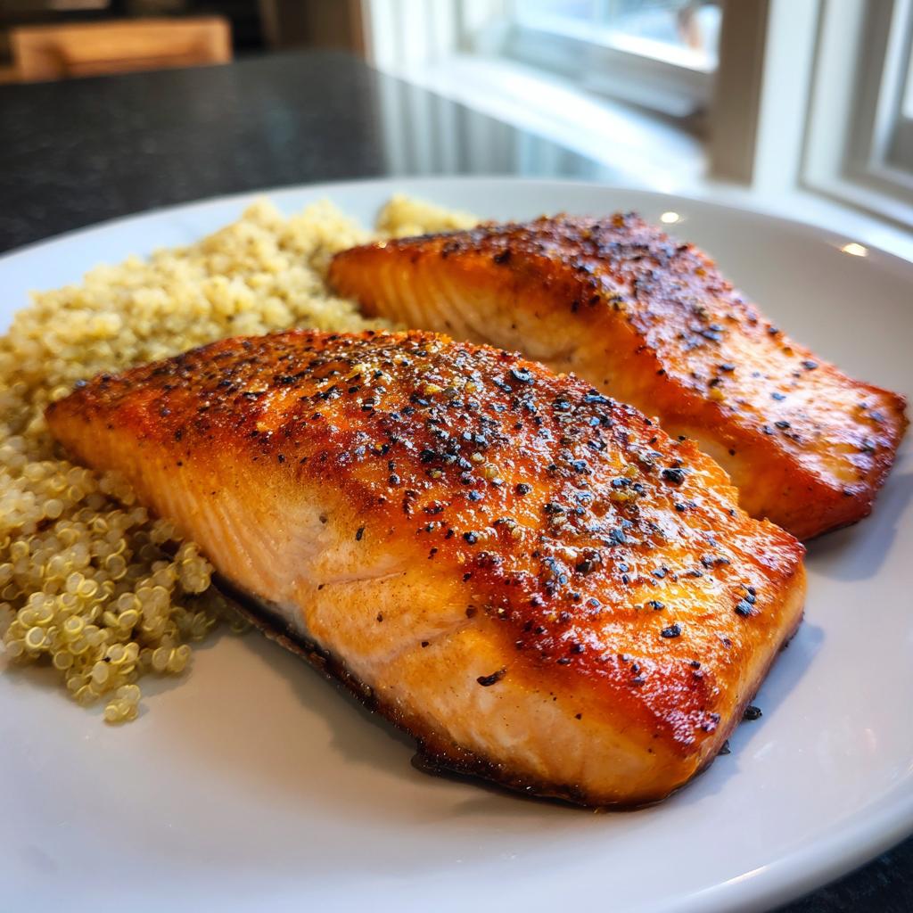 Two perfectly pan-seared salmon fillets served with fluffy quinoa, a delicious option for Nye dinner ideas.
