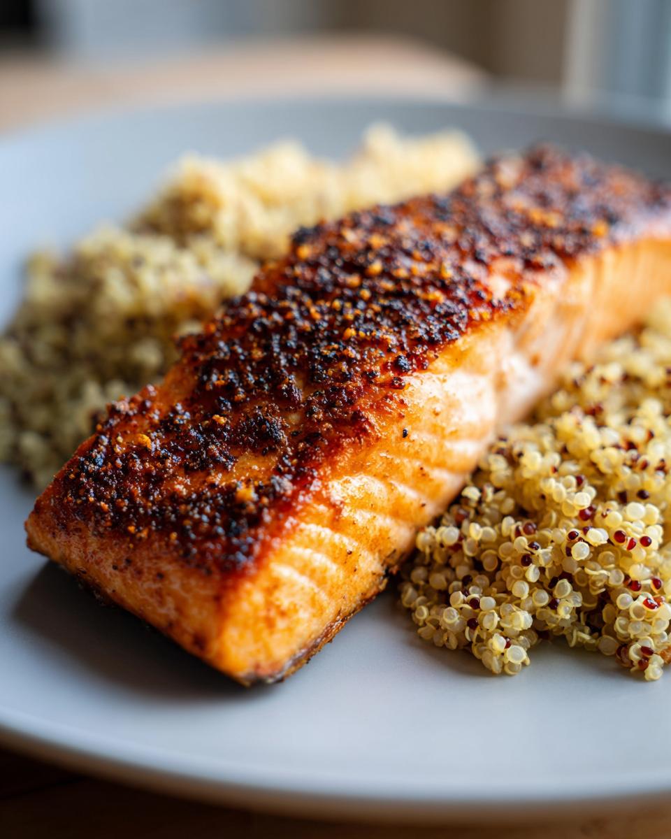 A perfectly seared salmon fillet with a crispy crust served alongside fluffy quinoa, ideal for a NYE dinner.