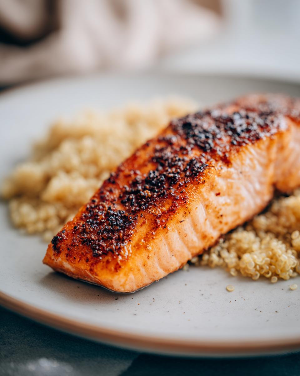 A perfectly cooked salmon fillet served with fluffy quinoa, ideal for a NYE dinner.
