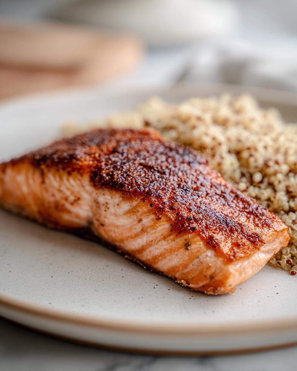 A perfectly cooked salmon fillet with a seasoned crust served alongside fluffy quinoa, ideal for your NYE dinner.