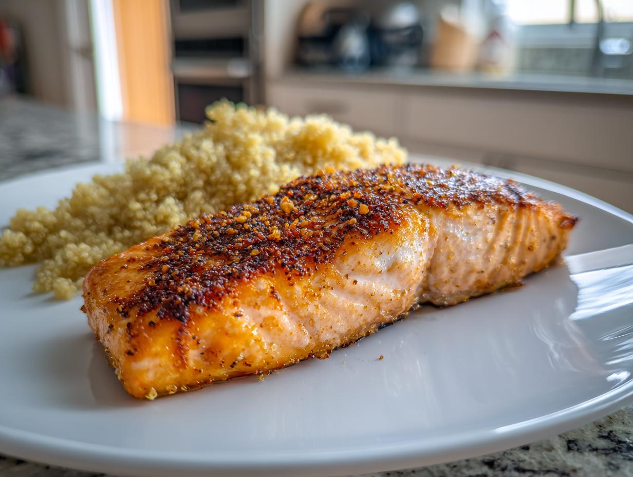 A perfectly cooked salmon fillet with a seasoned crust, served with fluffy quinoa, ideal for a NYE dinner.