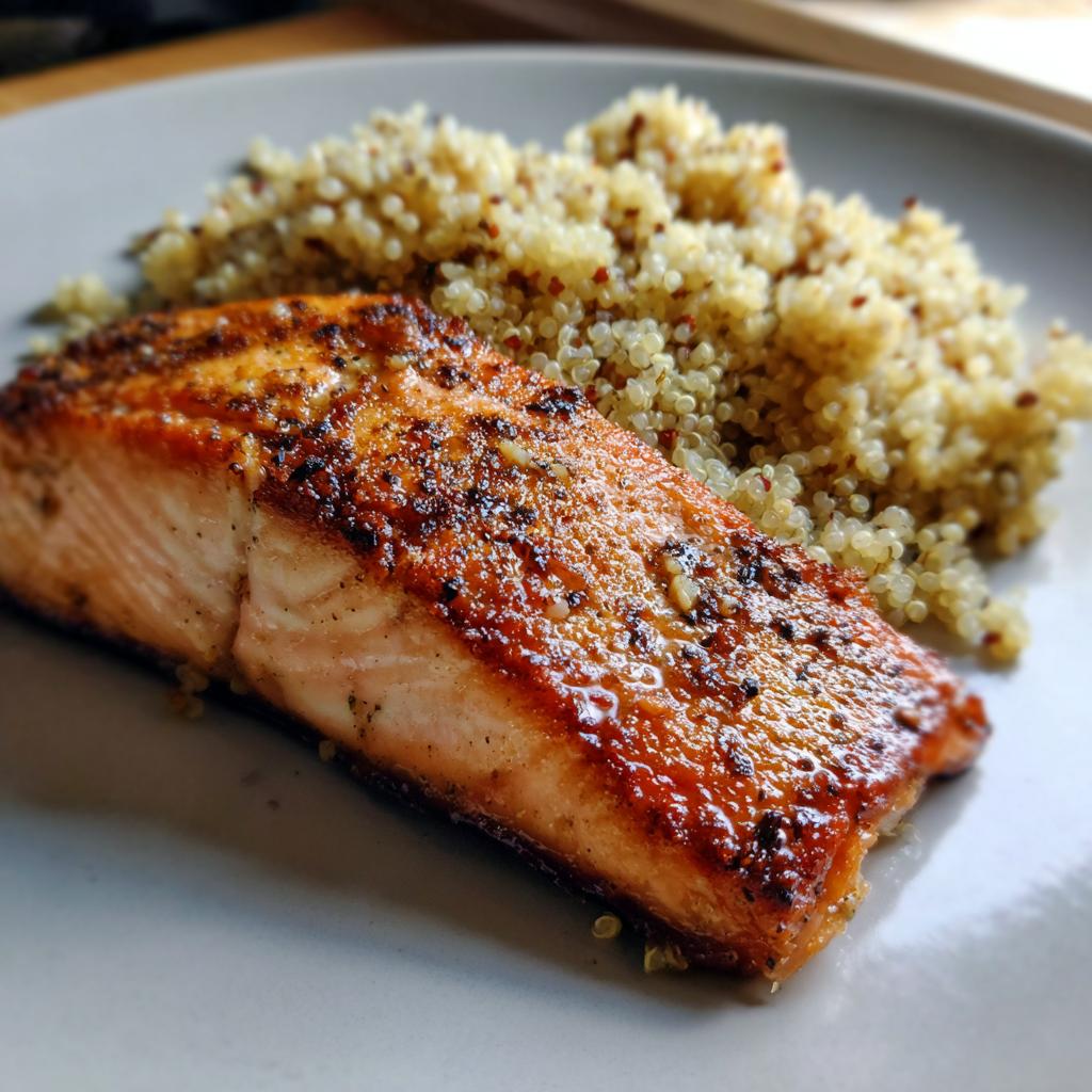 A perfectly cooked salmon fillet with seasoned quinoa, ideal for a NYE dinner.