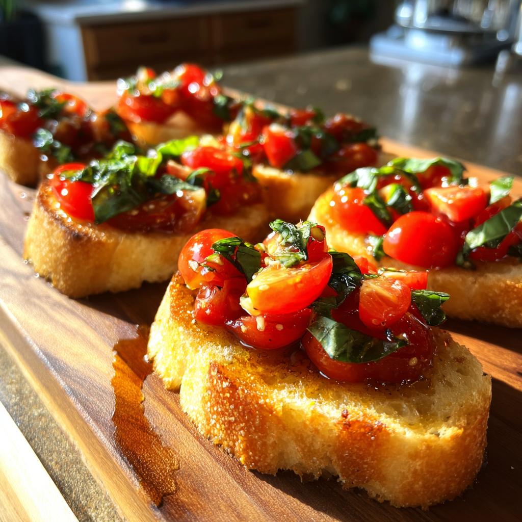 Close-up of fresh tomato and basil bruschetta, a perfect nye food, on a wooden board.