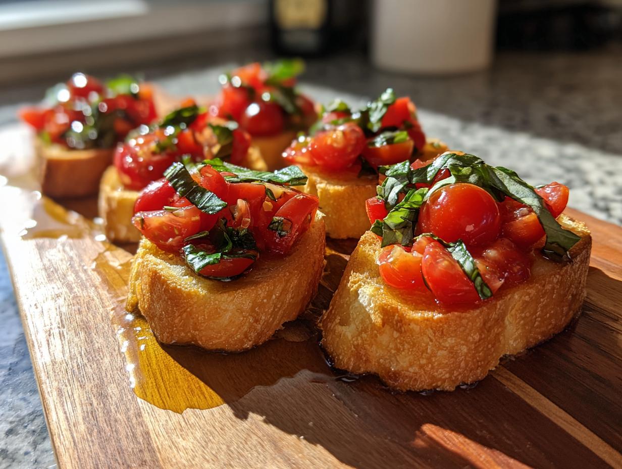 Close-up of fresh tomato and basil bruschetta, perfect for nye food, on a wooden board.