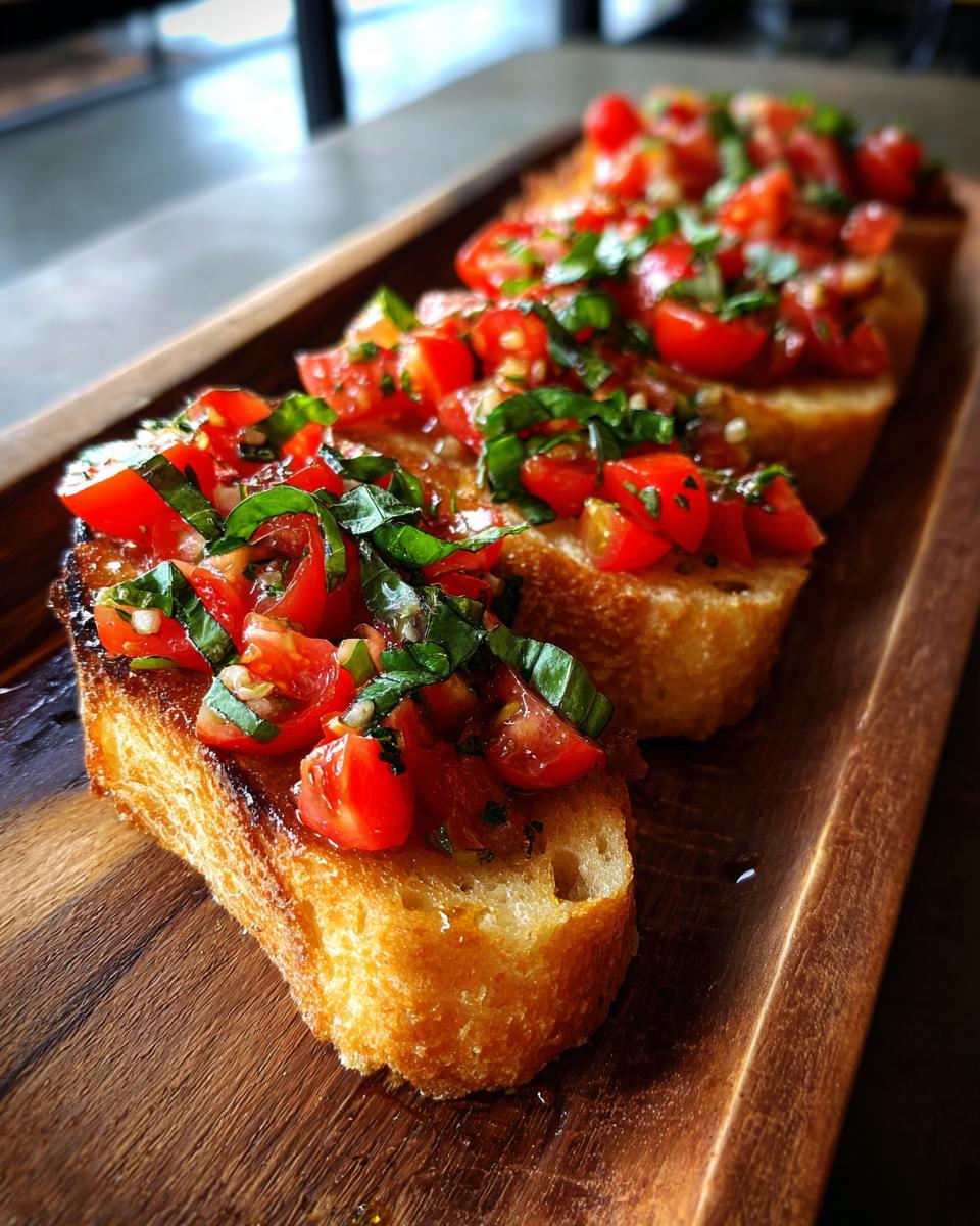 Close-up of fresh tomato bruschetta, a popular nye food, on a wooden board, with toasted bread topped with chopped tomatoes and basil.