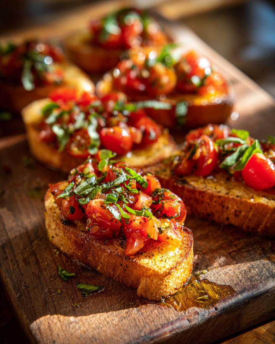 Close-up of fresh tomato bruschetta, a perfect appetizer for Nye food, on a wooden board.