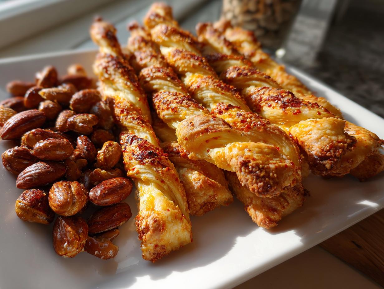 Golden brown cheese twists and roasted almonds, perfect for easy nye snacks.