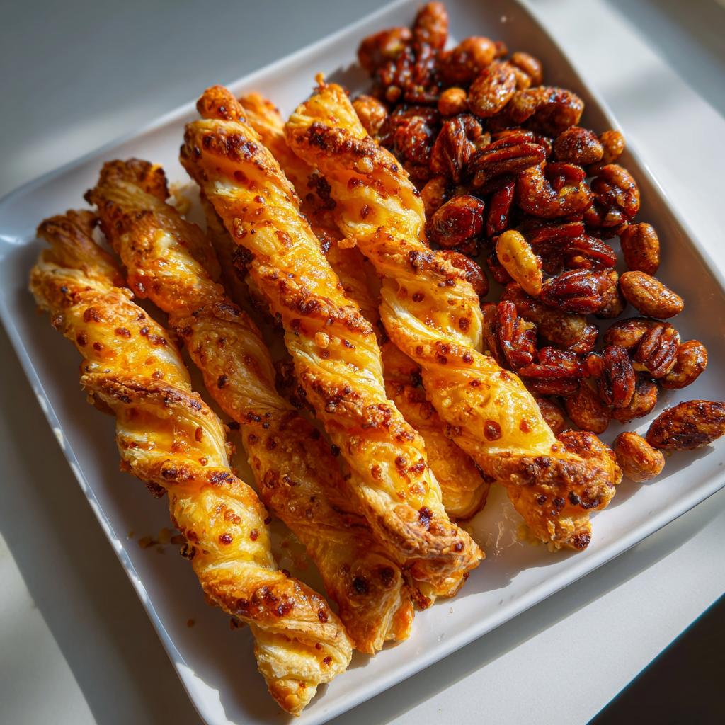 A white plate filled with golden-brown cheese twists and a pile of candied nuts, perfect for nye snacks.