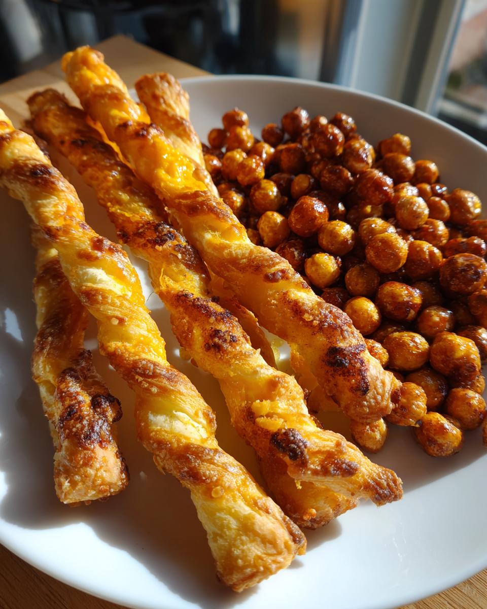 Close-up of golden-brown cheese twists and roasted chickpeas, perfect for nye snacks.