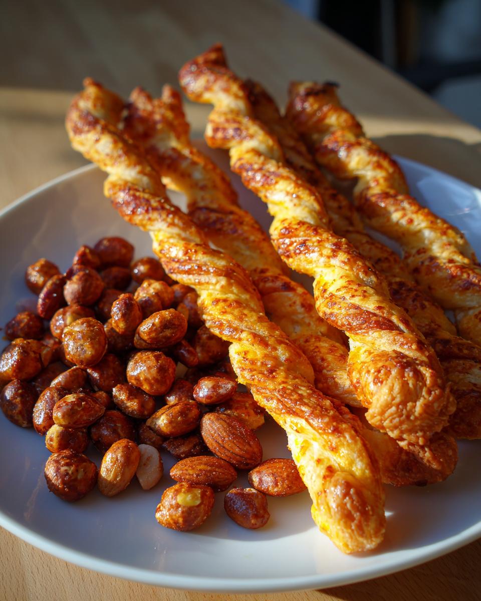 A plate of golden-brown cheese twists and glazed almonds, perfect for nye snacks.
