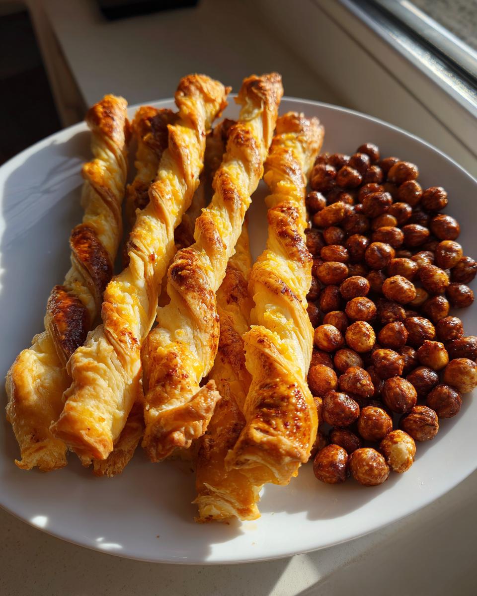 A white plate filled with golden-brown cheese twists and a pile of spiced nuts, perfect for nye snacks.