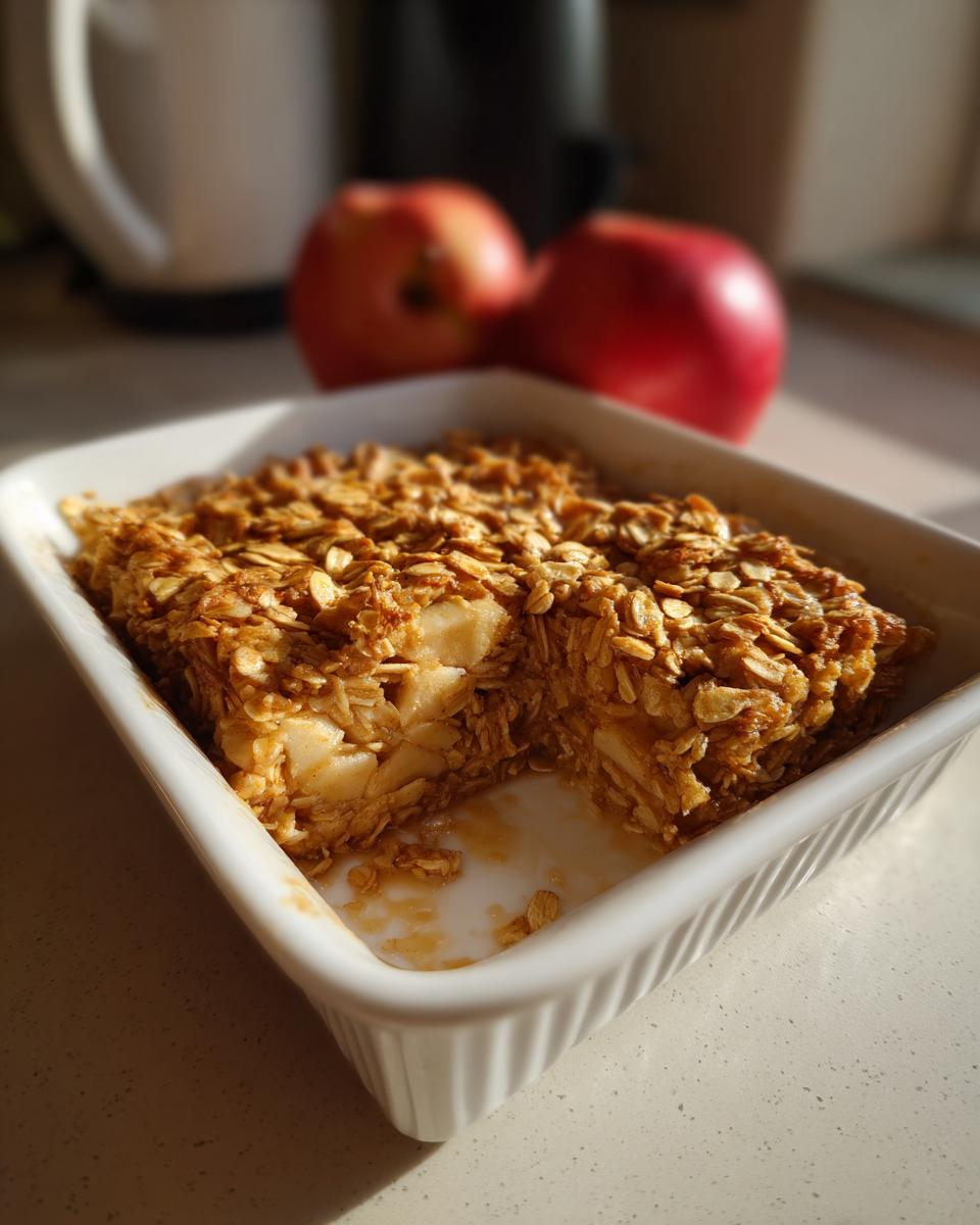 A close-up of a freshly baked oatmeal apple breakfast bake in a white ceramic dish, with visible chunks of apple and a golden oat topping.