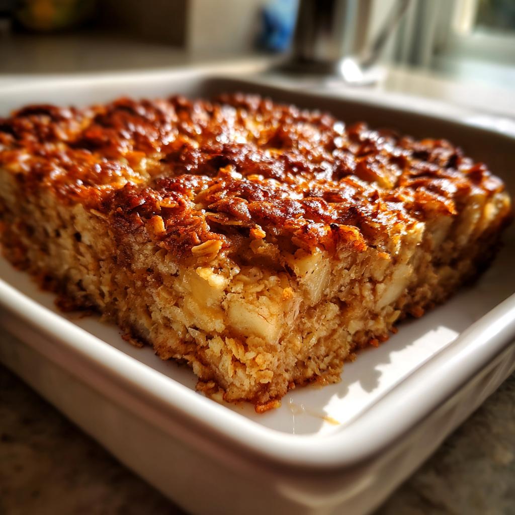 A close-up shot of a delicious slice of oatmeal apple breakfast bake in a white baking dish.
