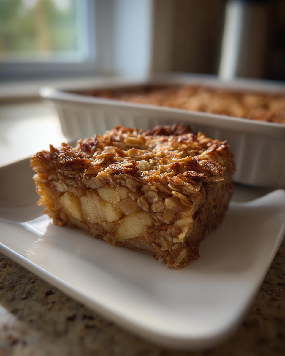 A close-up of a slice of oatmeal apple breakfast bake on a white plate, showing chunks of apple and oat topping.