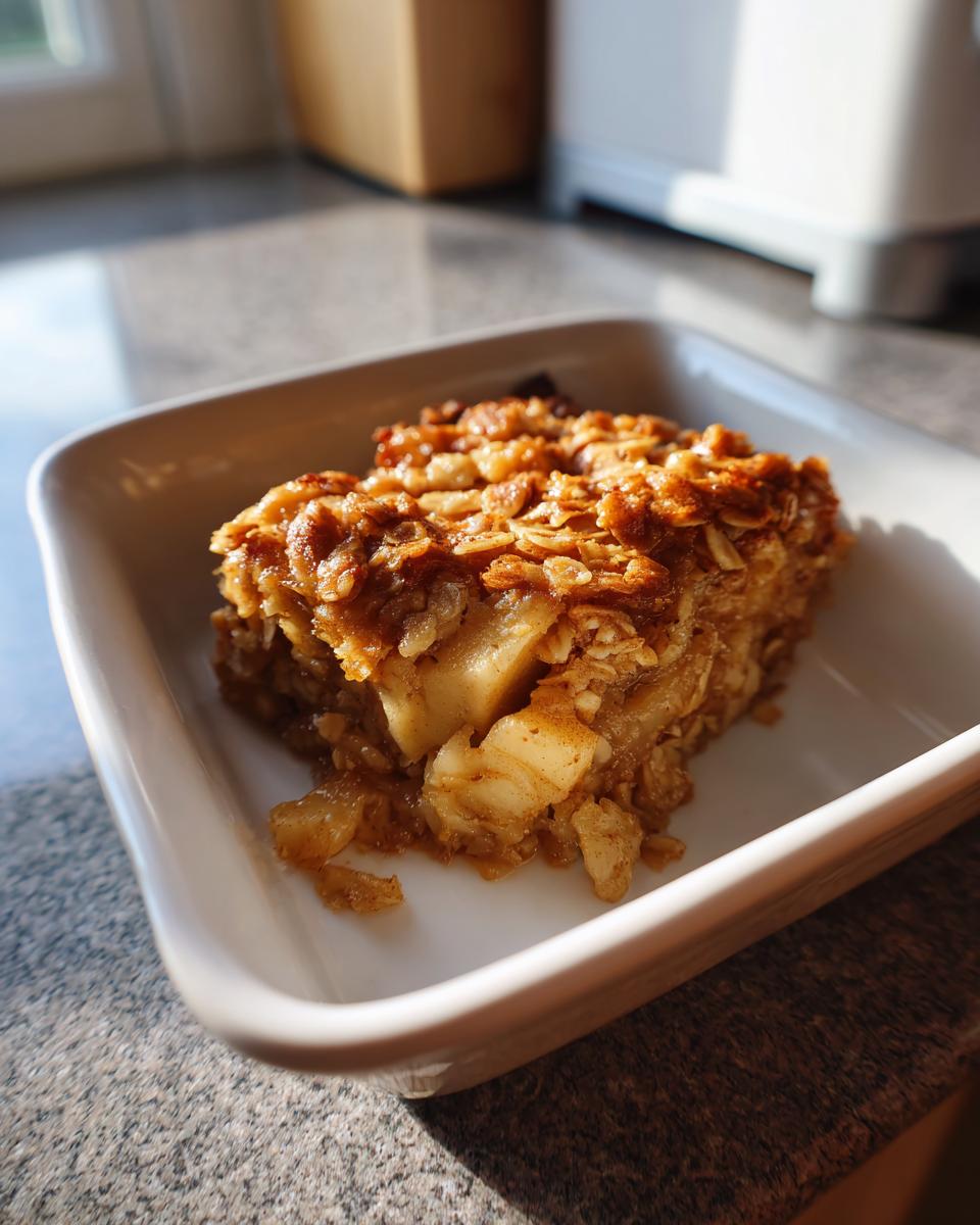 A close-up of a square slice of oatmeal apple breakfast bake in a white dish, showing chunks of apple and a crumbly oat topping.