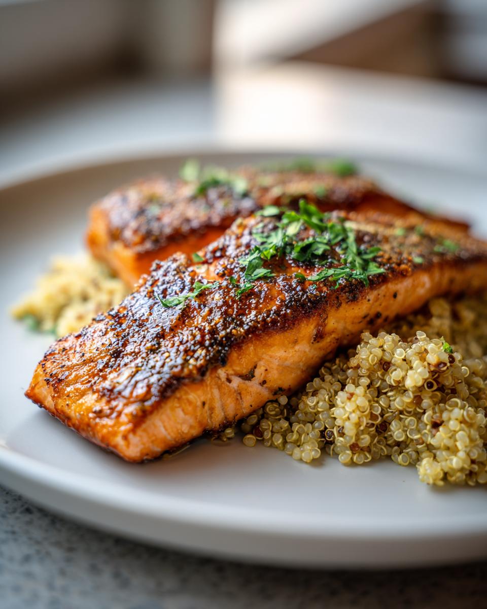 Two perfectly pan-seared salmon fillets served over fluffy quinoa, garnished with fresh parsley, a perfect addition to Nye dinner ideas.