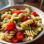 A vibrant bowl of pasta salad featuring fusilli pasta, cherry tomatoes, avocado, and red onion, showcasing a beautiful cooking aesthetic.