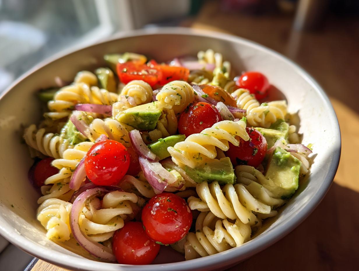 A vibrant bowl of pasta salad featuring fusilli pasta, cherry tomatoes, avocado, and red onion, showcasing a beautiful cooking aesthetic.
