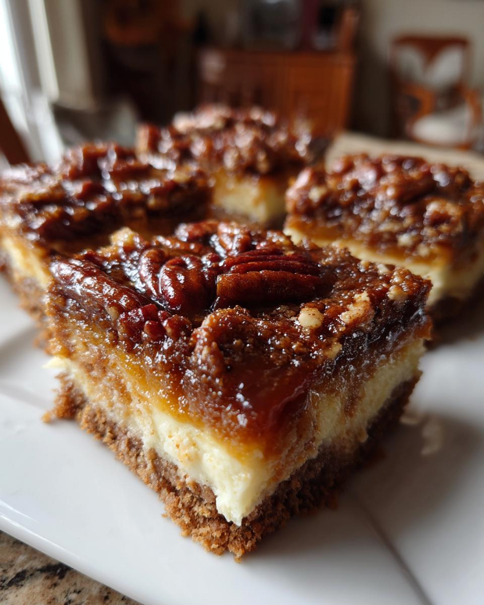 Close-up of layered pecan pie cheesecake bars on a white plate, showcasing the creamy cheesecake and gooey pecan topping.