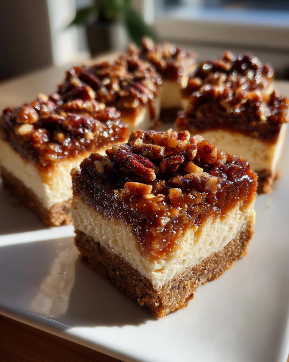 Close-up of layered pecan pie cheesecake bars on a white plate, showcasing the graham cracker crust, creamy cheesecake filling, and pecan topping.