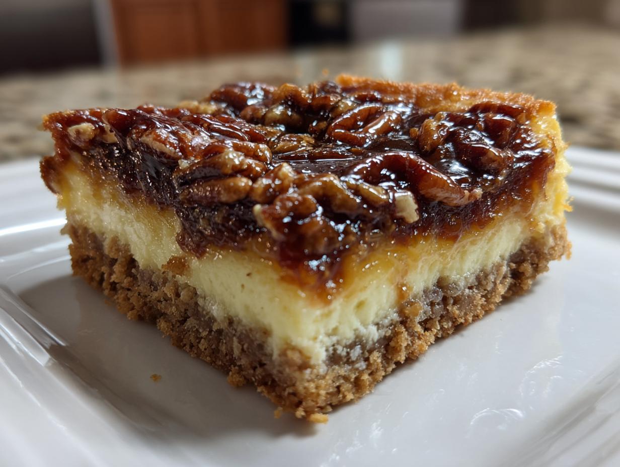 A close-up of a single pecan pie cheesecake bar, showcasing the layers of crust, cheesecake, and pecan topping.
