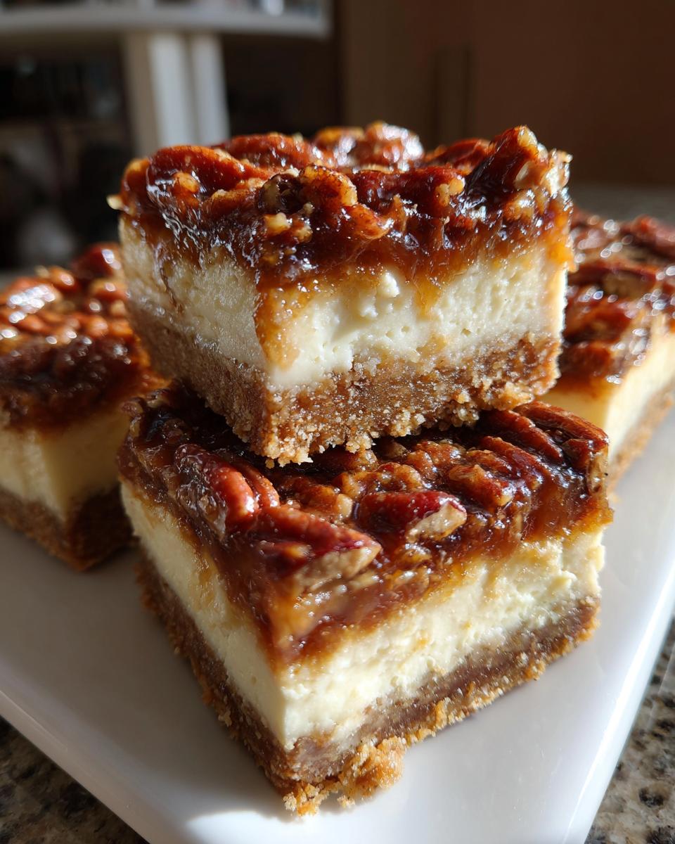 A close-up stack of three Pecan Pie Cheesecake Bars, showcasing the creamy cheesecake layer and gooey pecan topping.