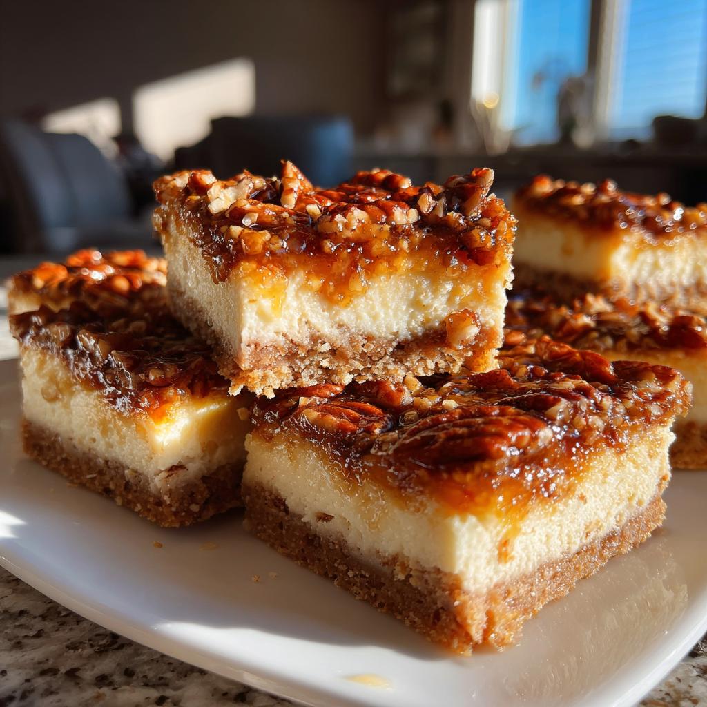 Close-up of stacked pecan pie cheesecake bars on a white plate, showcasing the creamy cheesecake and nutty pecan topping.