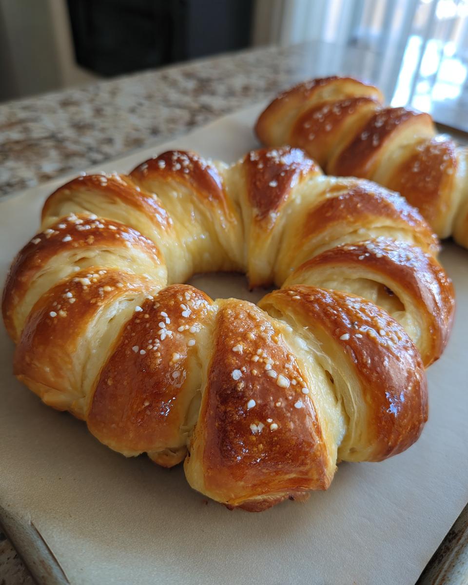 A golden-brown pigs in a blanket wreath baked to perfection, sprinkled with salt crystals.