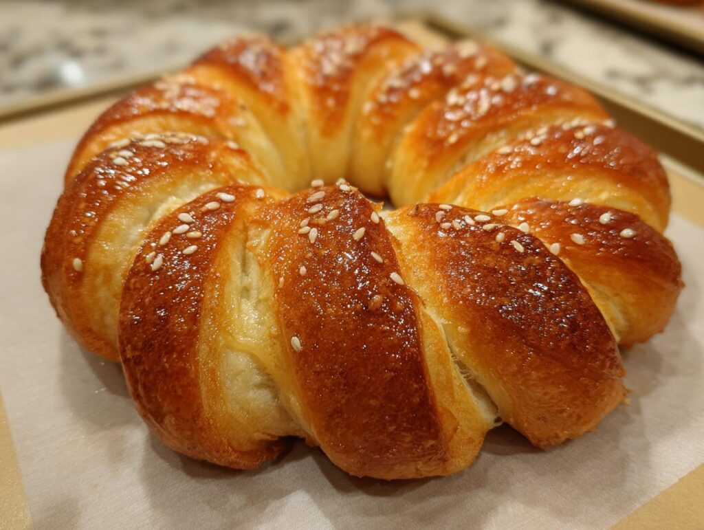 A beautifully baked pigs in a blanket wreath, golden brown and sprinkled with sesame seeds, ready to serve.