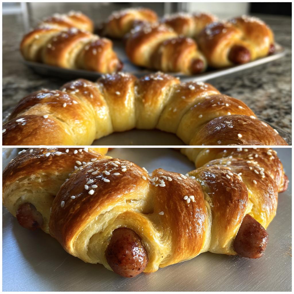 Close-up of a golden brown pigs in a blanket wreath, sprinkled with sesame seeds, showing the pastry and sausages.