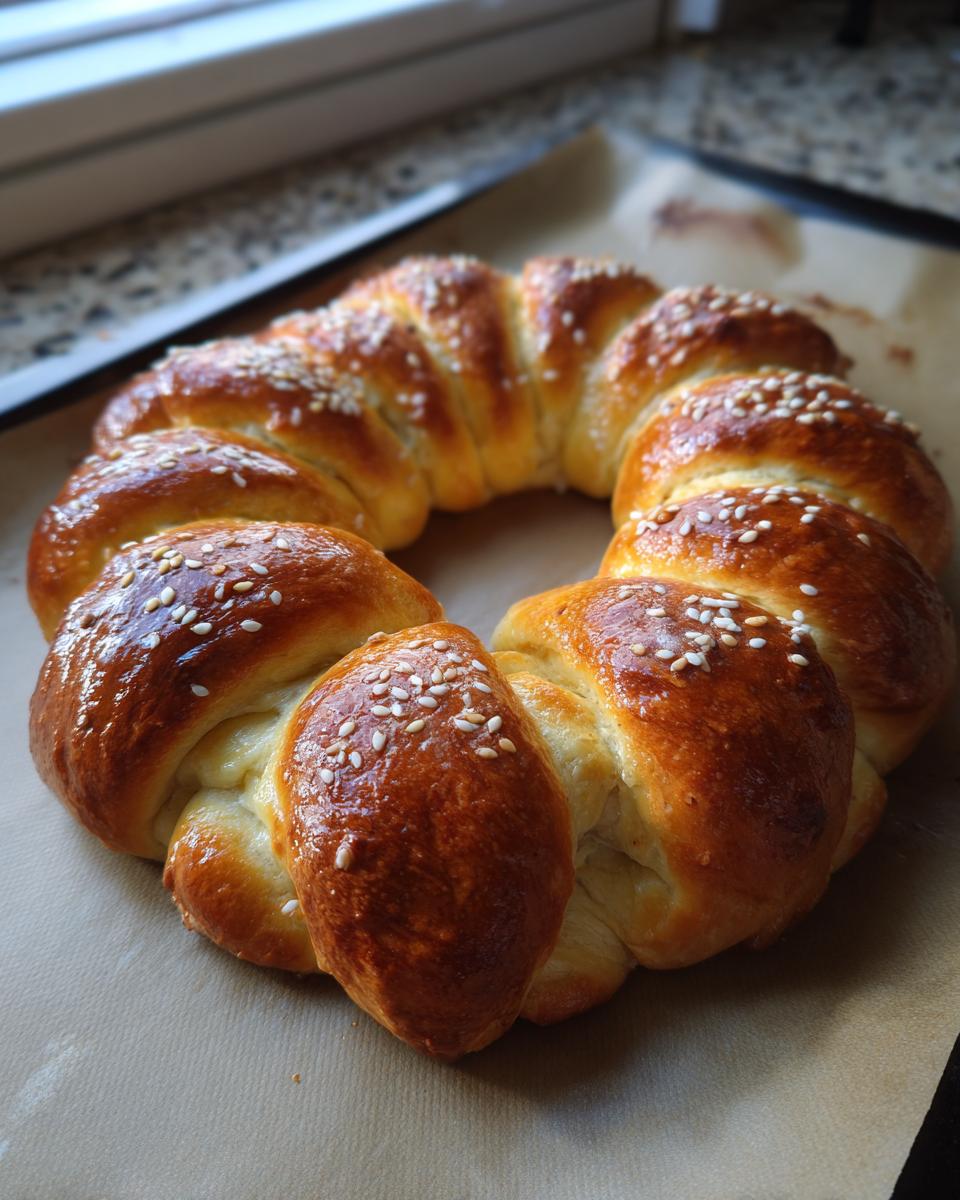 A golden-brown pigs in a blanket wreath, sprinkled with sesame seeds, baked on parchment paper.