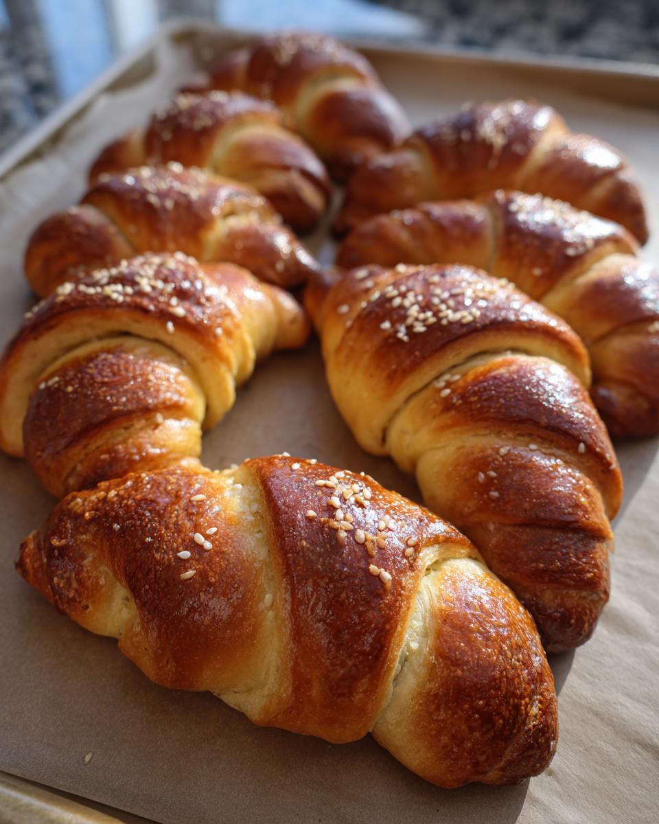 Golden brown pigs in a blanket wreath baked with sesame seeds on top, arranged on parchment paper.