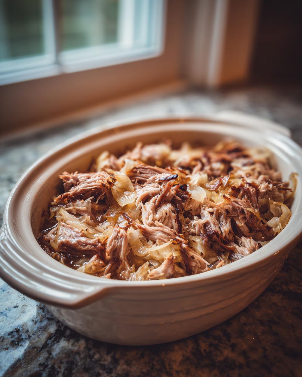 A close-up of a crockpot dish filled with shredded pork and sauerkraut, ready to be served.