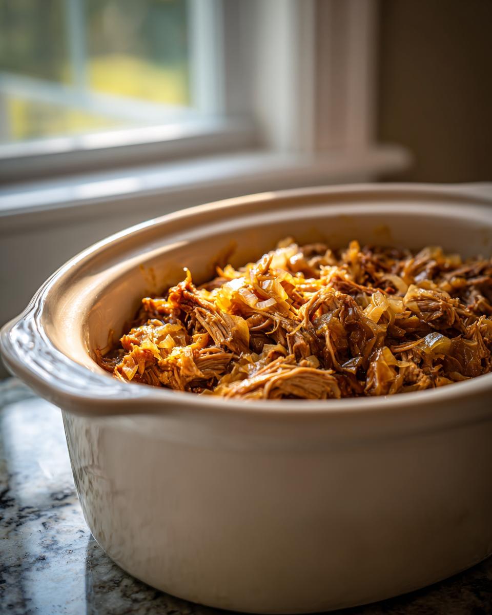 Close-up of shredded pork and sauerkraut in a crockpot, ready to serve.