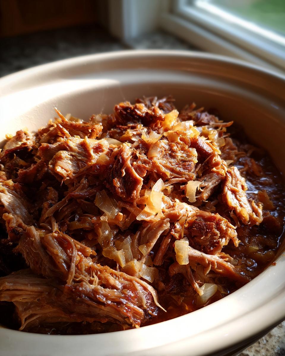 Close-up of shredded pork and sauerkraut in a crockpot, glistening in natural light.