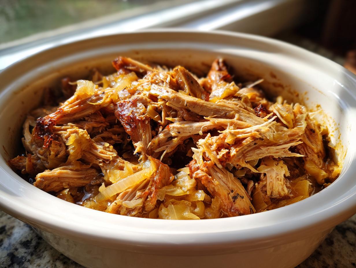 Close-up of shredded pork and sauerkraut in a crockpot, glistening with juices.