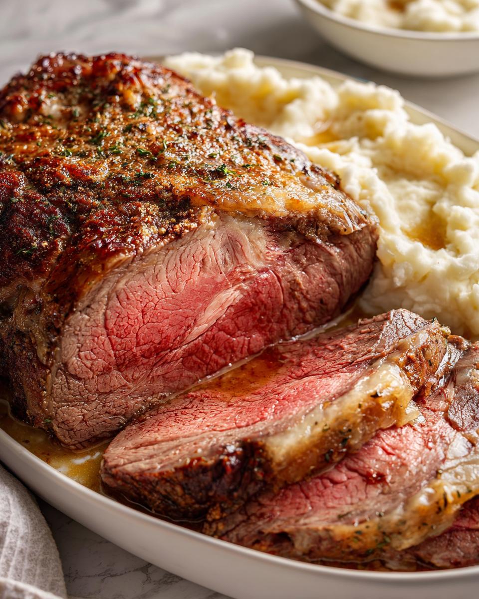 Juicy, sliced prime rib roast served with creamy mashed potatoes, a perfect main course for New Year's Eve dinner.