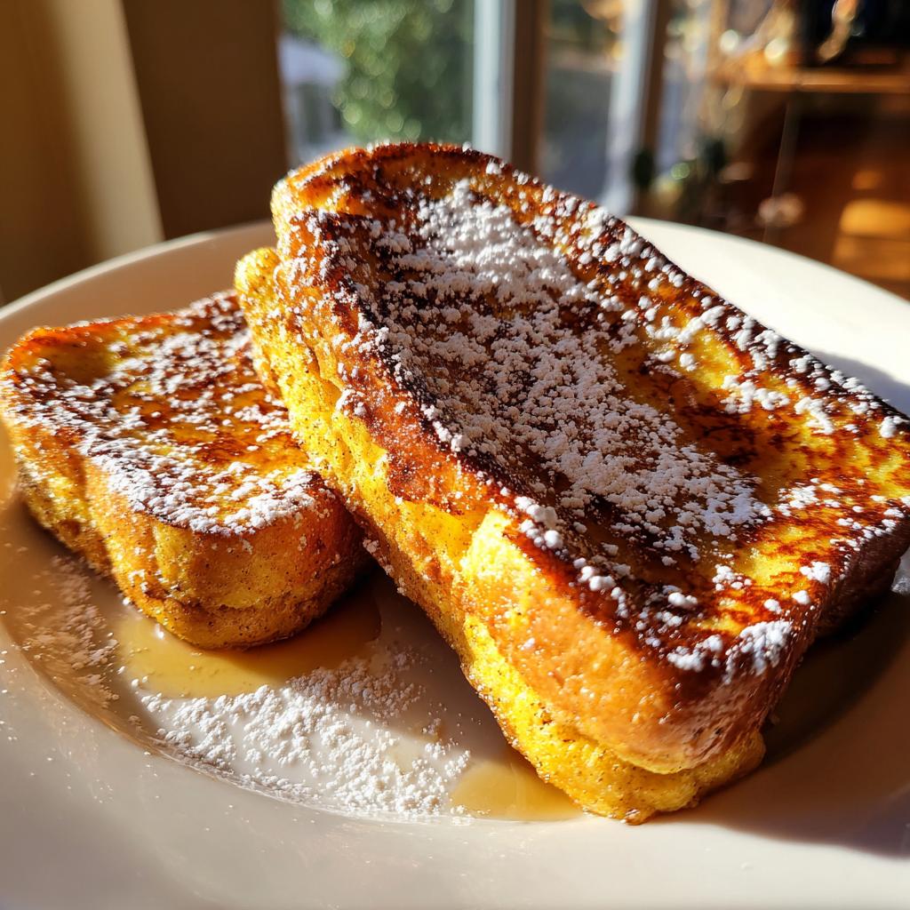Close-up of two golden-brown slices of pumpkin french toast dusted with powdered sugar and drizzled with syrup.