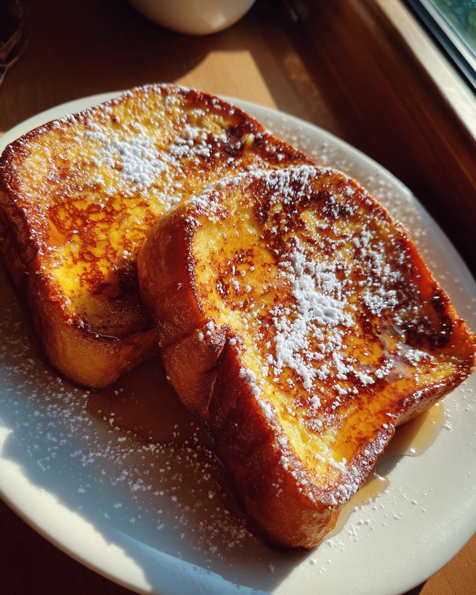 Two slices of golden-brown pumpkin French toast dusted with powdered sugar and drizzled with syrup.