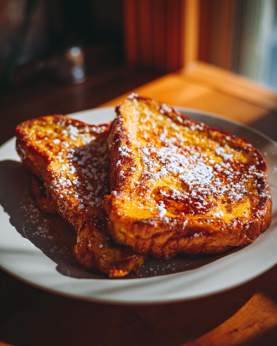 Close-up of two slices of golden pumpkin french toast dusted with powdered sugar on a white plate.